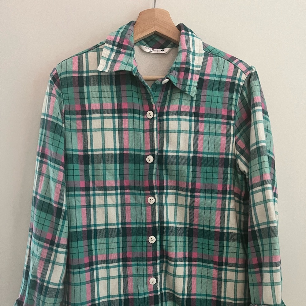 Ryders by Lee shirt top pink green white plaid flannel long sleeve Size SMALL
